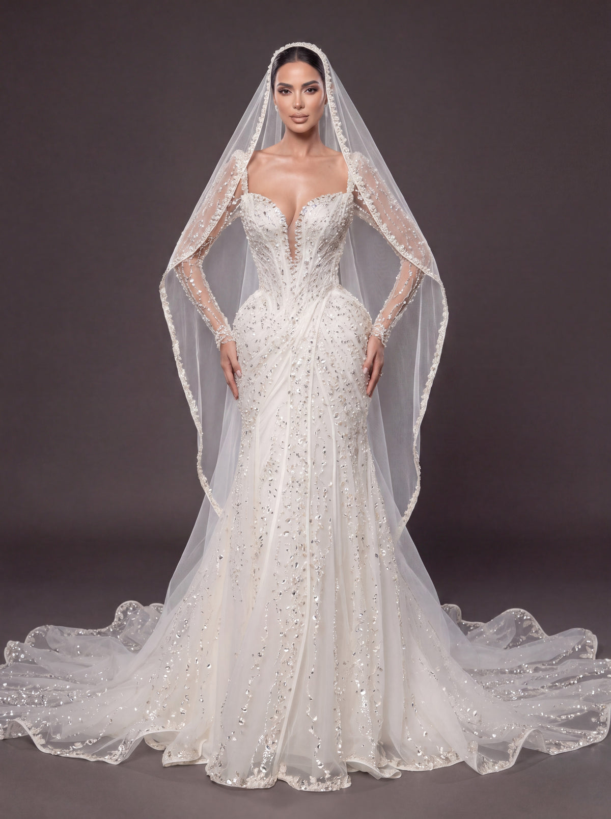 Deep V Bridal Dress with Draped Tulle & Cathedral Veil – Ivory Crystal Embellished Corset Wedding Gown