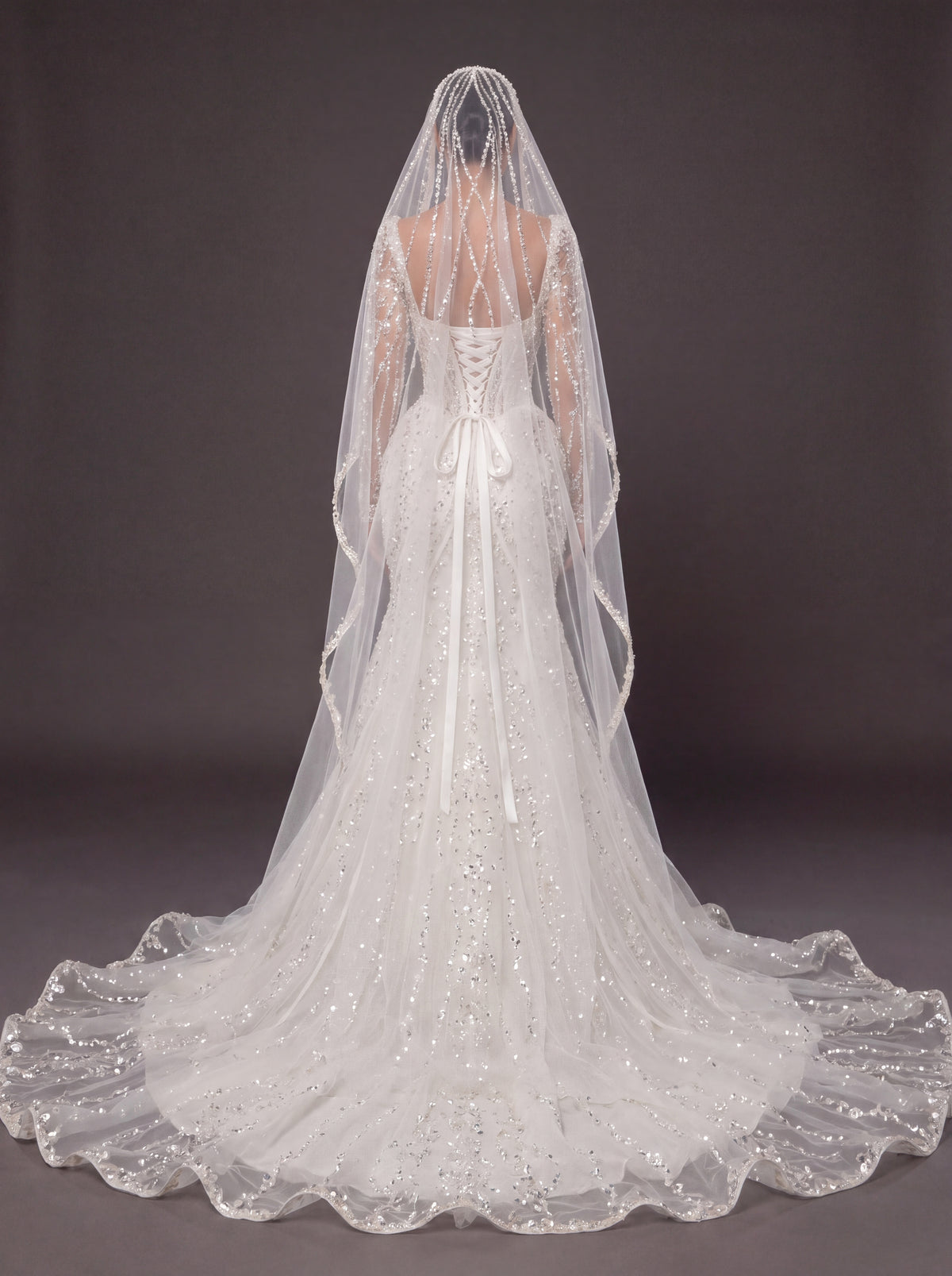 Deep V Bridal Dress with Draped Tulle & Cathedral Veil – Ivory Crystal Embellished Corset Wedding Gown