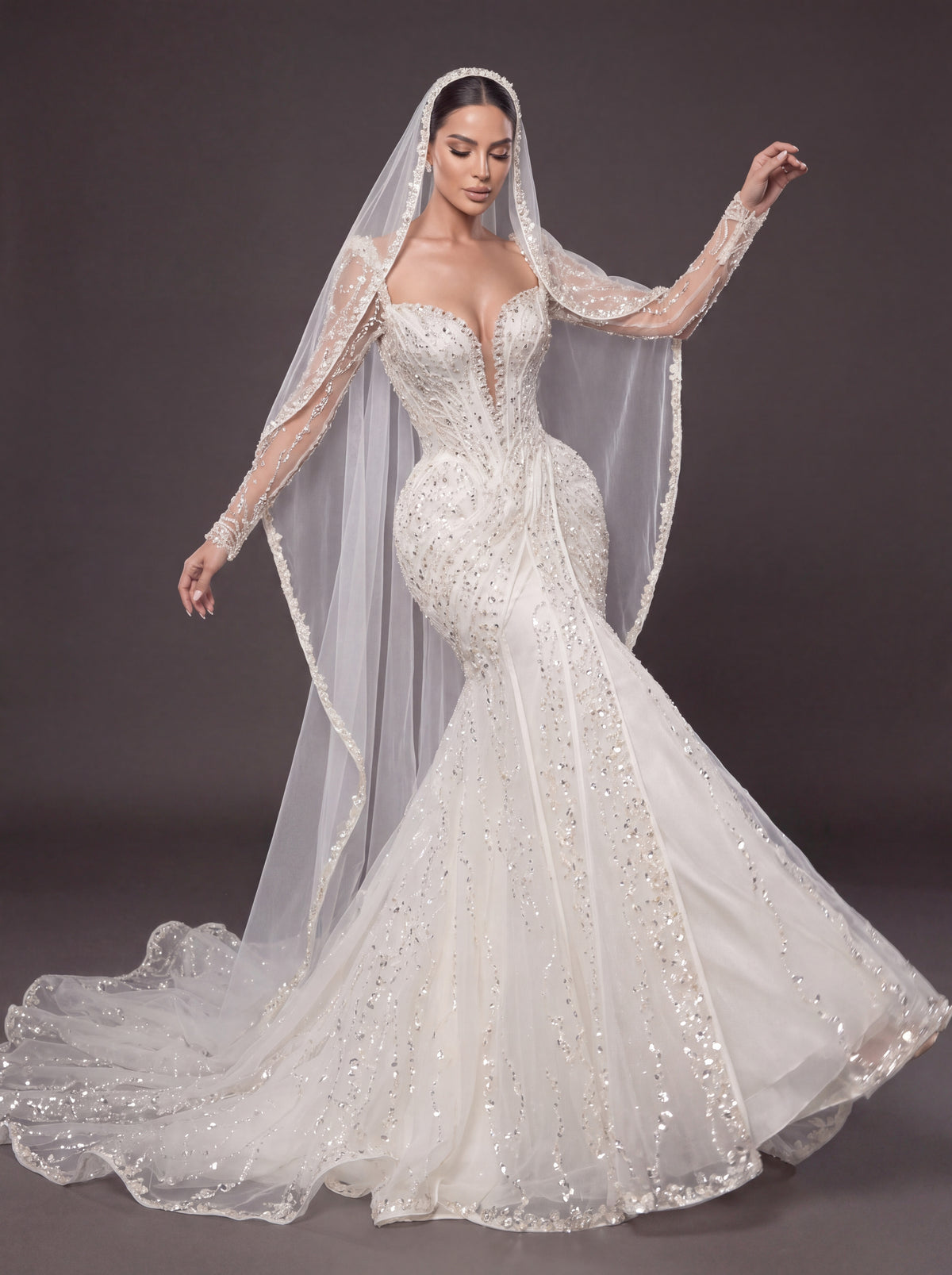 Deep V Bridal Dress with Draped Tulle & Cathedral Veil – Ivory Crystal Embellished Corset Wedding Gown