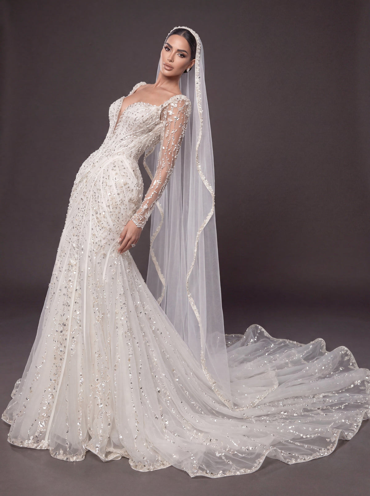 Deep V Bridal Dress with Draped Tulle & Cathedral Veil – Ivory Crystal Embellished Corset Wedding Gown