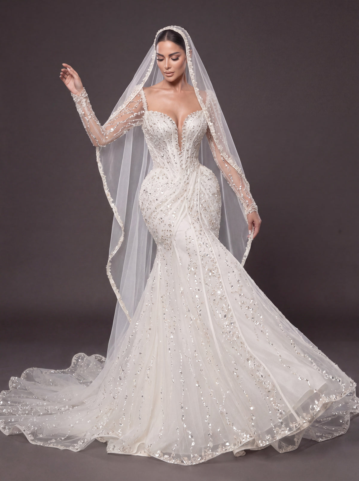 Deep V Bridal Dress with Draped Tulle & Cathedral Veil – Ivory Crystal Embellished Corset Wedding Gown