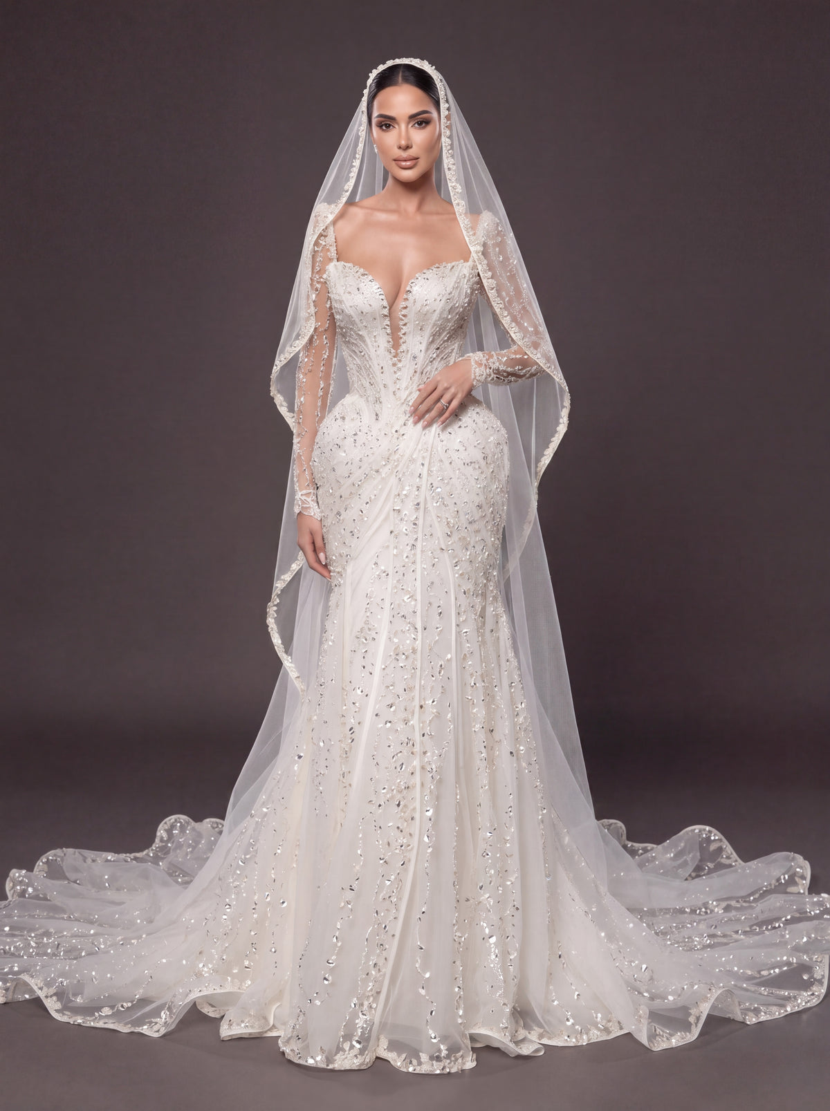 Deep V Bridal Dress with Draped Tulle & Cathedral Veil – Ivory Crystal Embellished Corset Wedding Gown