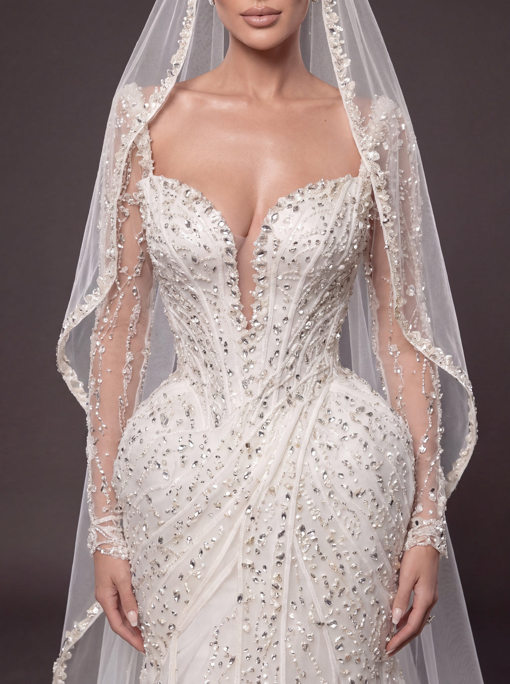 Deep V Bridal Dress with Draped Tulle & Cathedral Veil – Ivory Crystal Embellished Corset Wedding Gown