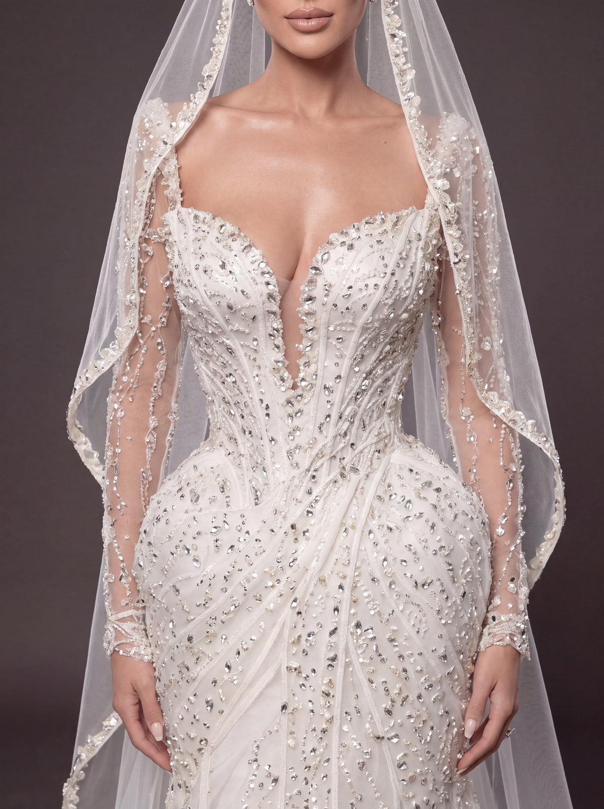 Deep V Bridal Dress with Draped Tulle & Cathedral Veil – Ivory Crystal Embellished Corset Wedding Gown