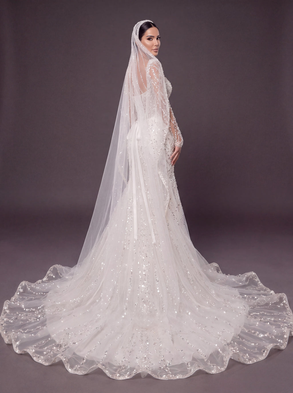 Deep V Bridal Dress with Draped Tulle & Cathedral Veil – Ivory Crystal Embellished Corset Wedding Gown