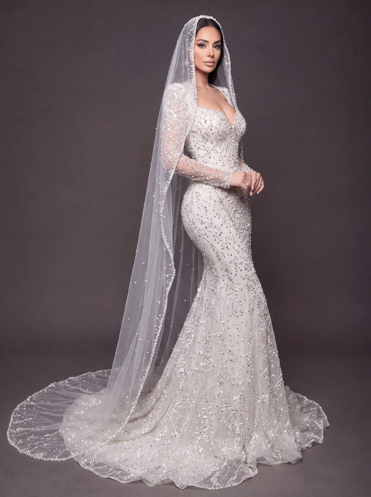 Sweetheart Corset Bridal Dress with Cathedral Veil – Ivory Crystal Embellished Long Sleeve Mermaid Wedding Gown