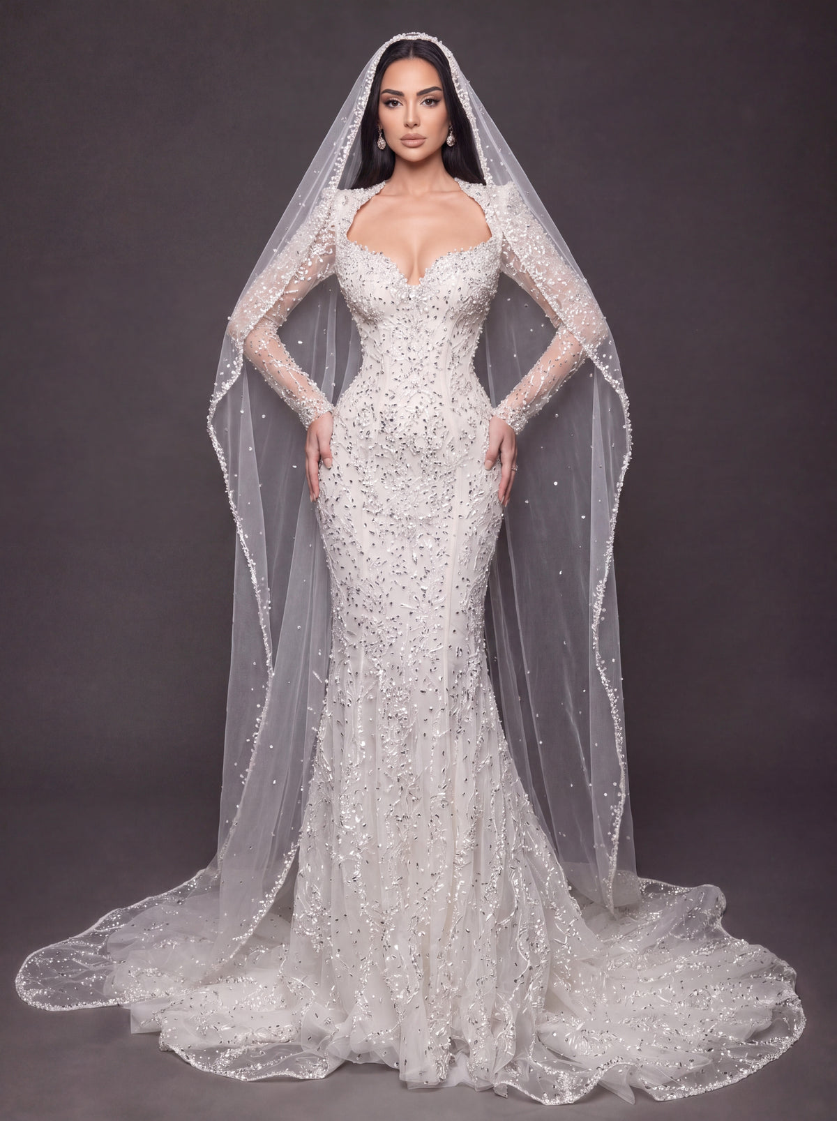 Sweetheart Corset Bridal Dress with Cathedral Veil – Ivory Crystal Embellished Long Sleeve Mermaid Wedding Gown