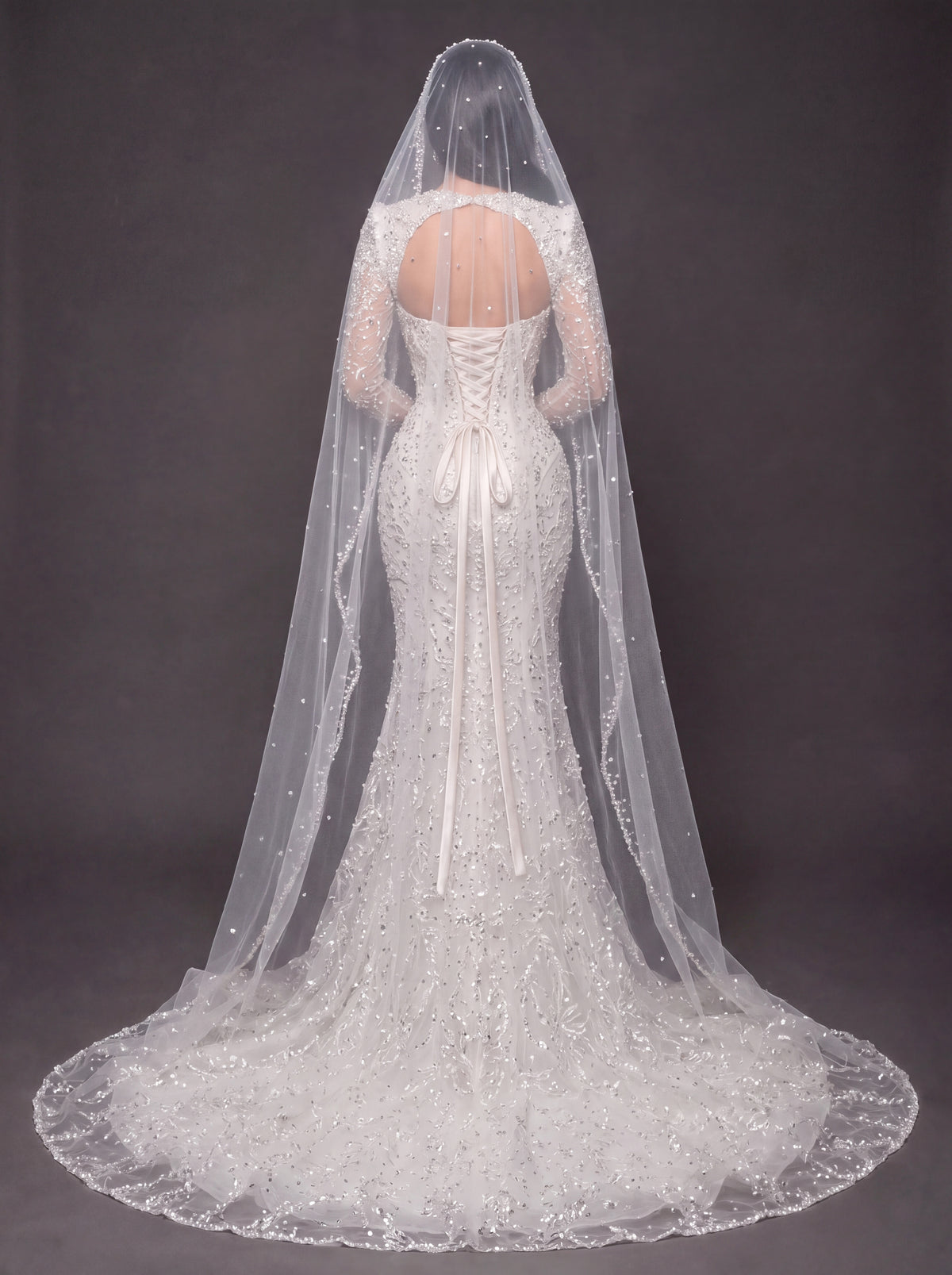 Sweetheart Corset Bridal Dress with Cathedral Veil – Ivory Crystal Embellished Long Sleeve Mermaid Wedding Gown