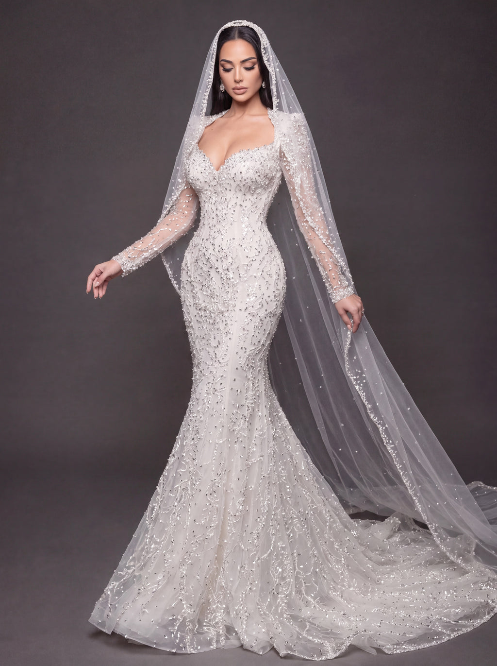 Sweetheart Corset Bridal Dress with Cathedral Veil – Ivory Crystal Embellished Long Sleeve Mermaid Wedding Gown