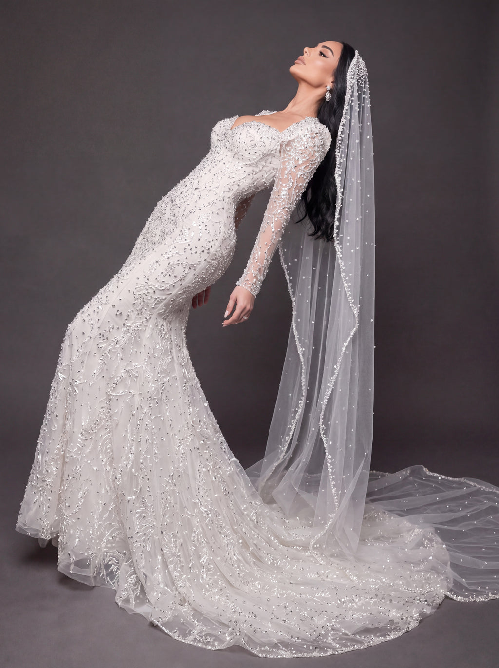 Sweetheart Corset Bridal Dress with Cathedral Veil – Ivory Crystal Embellished Long Sleeve Mermaid Wedding Gown