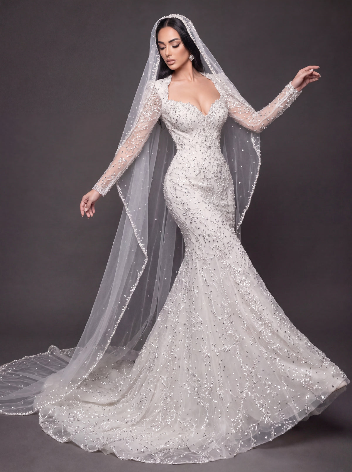 Sweetheart Corset Bridal Dress with Cathedral Veil – Ivory Crystal Embellished Long Sleeve Mermaid Wedding Gown