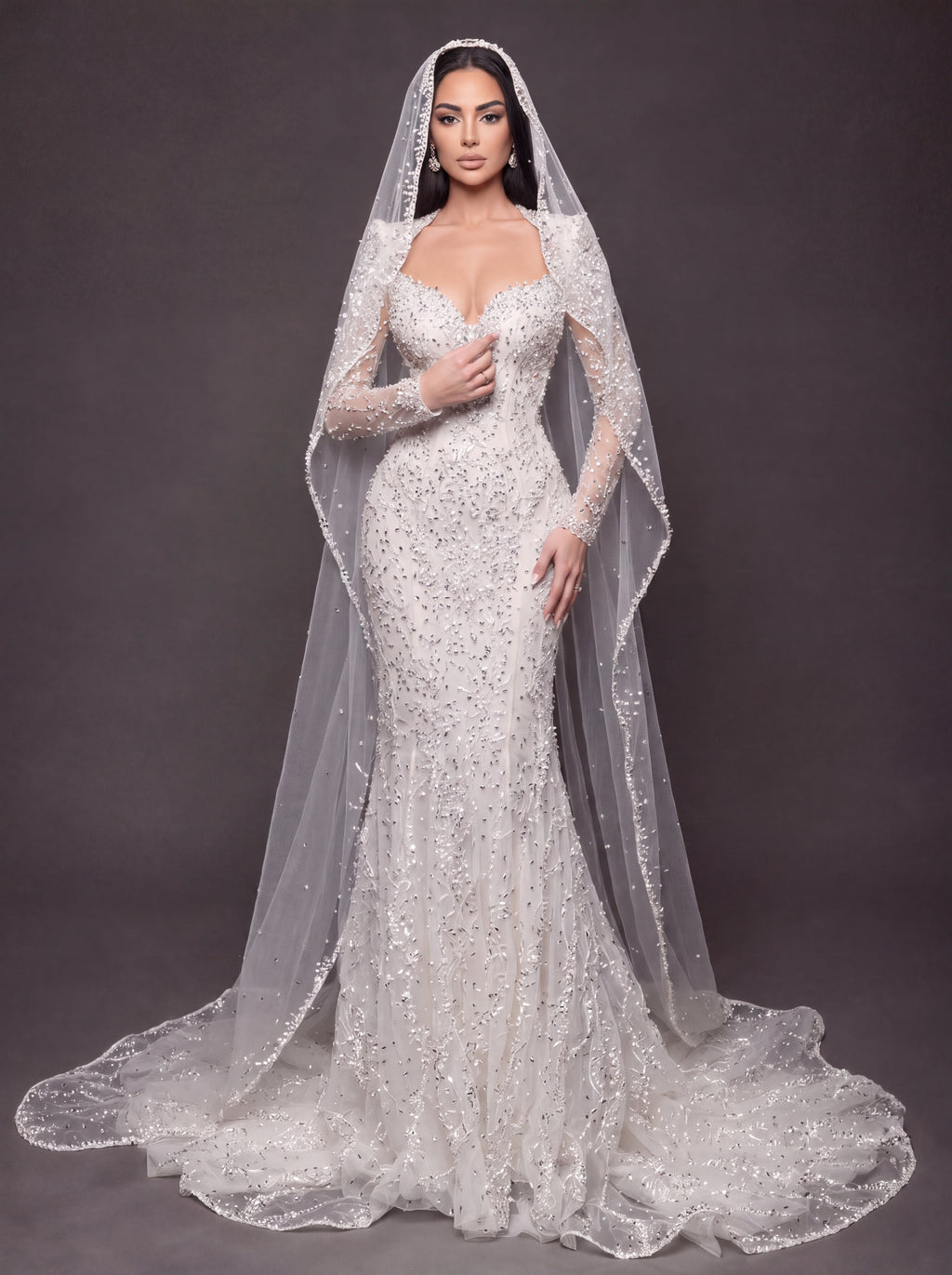 Sweetheart Corset Bridal Dress with Cathedral Veil – Ivory Crystal Embellished Long Sleeve Mermaid Wedding Gown
