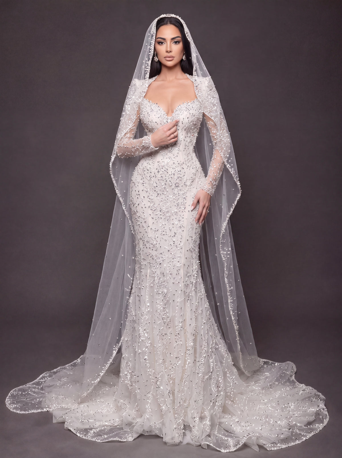 Sweetheart Corset Bridal Dress with Cathedral Veil – Ivory Crystal Embellished Long Sleeve Mermaid Wedding Gown