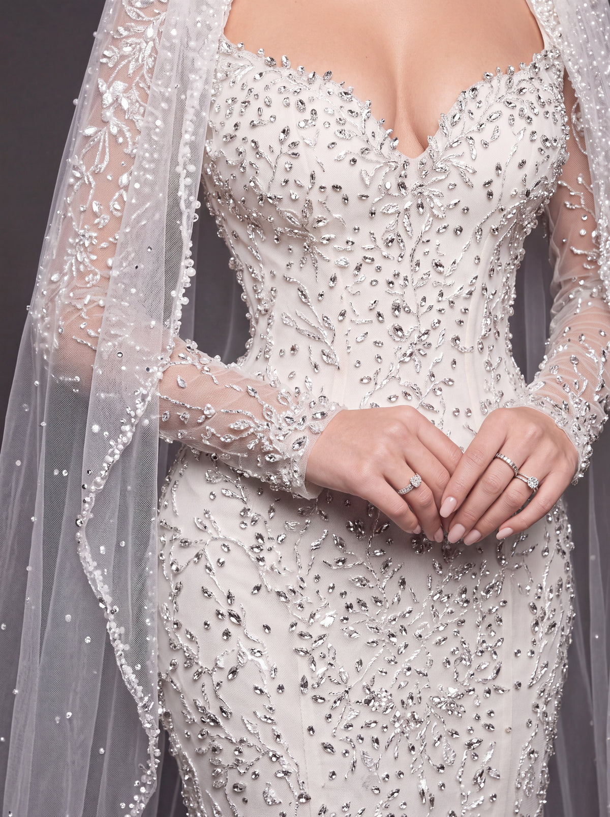 Sweetheart Corset Bridal Dress with Cathedral Veil – Ivory Crystal Embellished Long Sleeve Mermaid Wedding Gown
