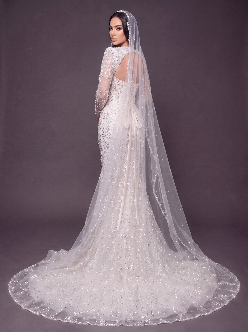 Sweetheart Corset Bridal Dress with Cathedral Veil – Ivory Crystal Embellished Long Sleeve Mermaid Wedding Gown