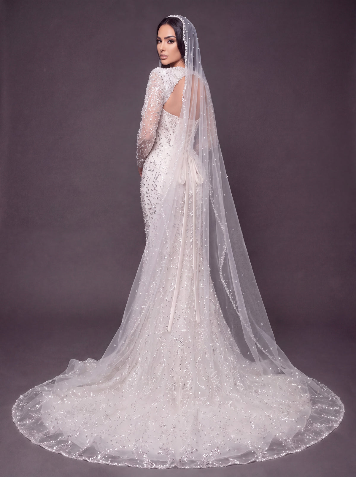 Sweetheart Corset Bridal Dress with Cathedral Veil – Ivory Crystal Embellished Long Sleeve Mermaid Wedding Gown