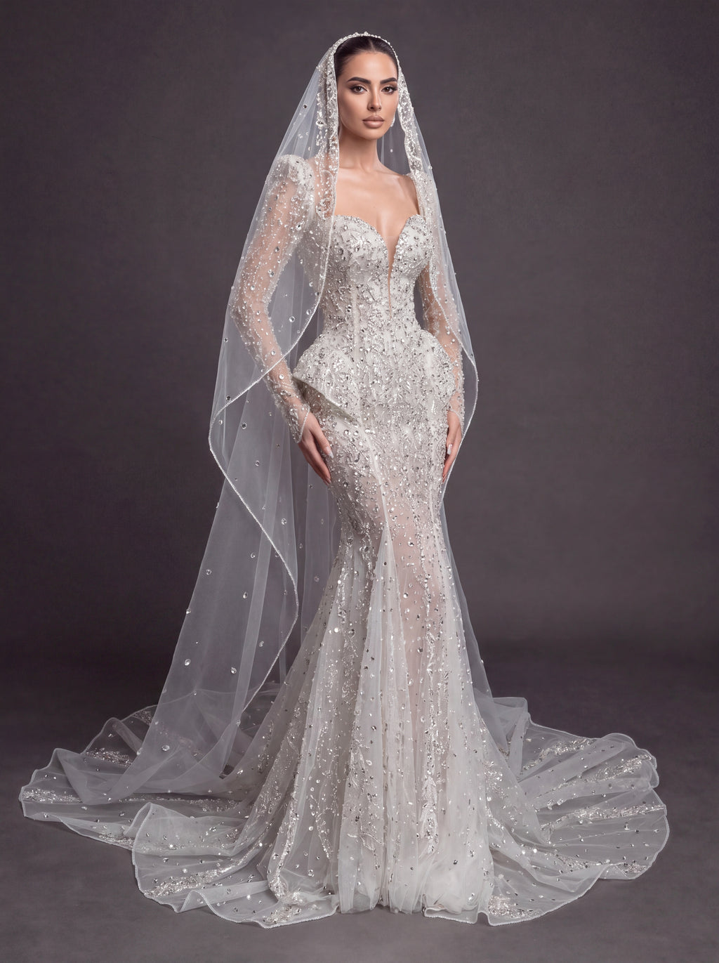 Long Sleeve Corset Bridal Dress with Sculpted Hips & Cathedral Veil – Ivory Crystal Embellished Mermaid Wedding Gown