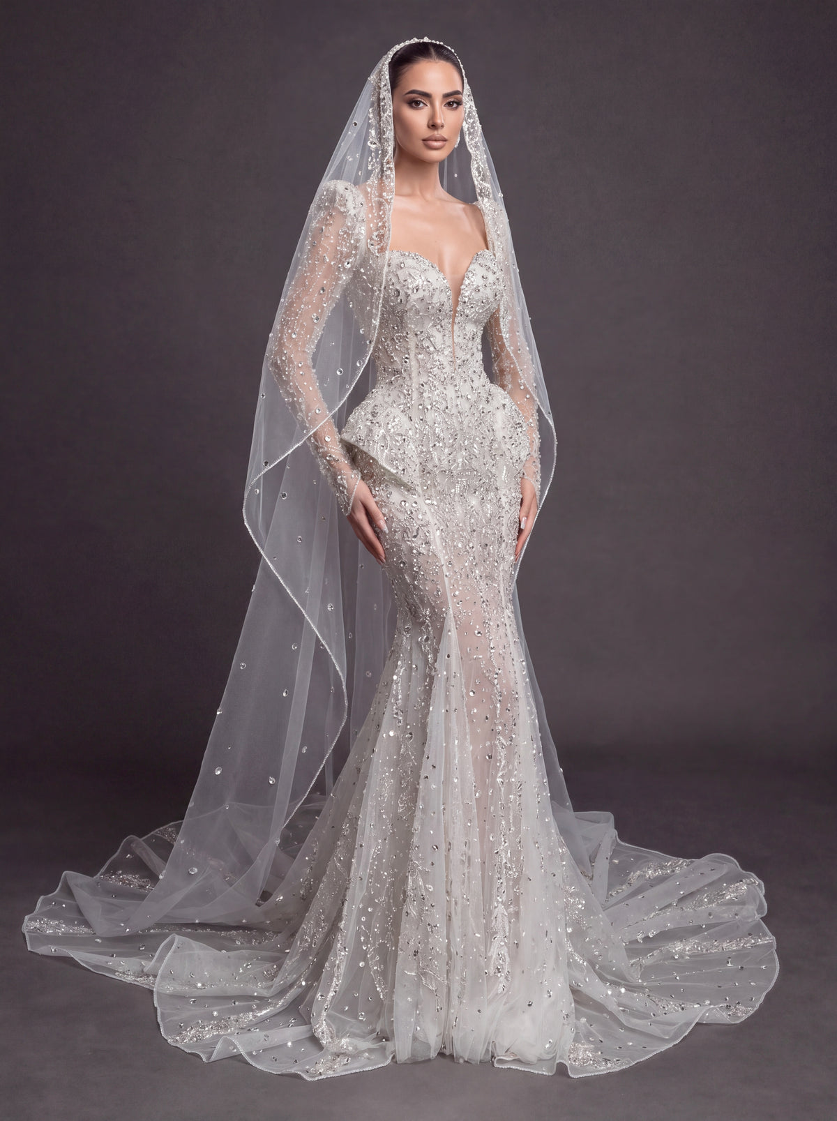 Long Sleeve Corset Bridal Dress with Sculpted Hips & Cathedral Veil – Ivory Crystal Embellished Mermaid Wedding Gown