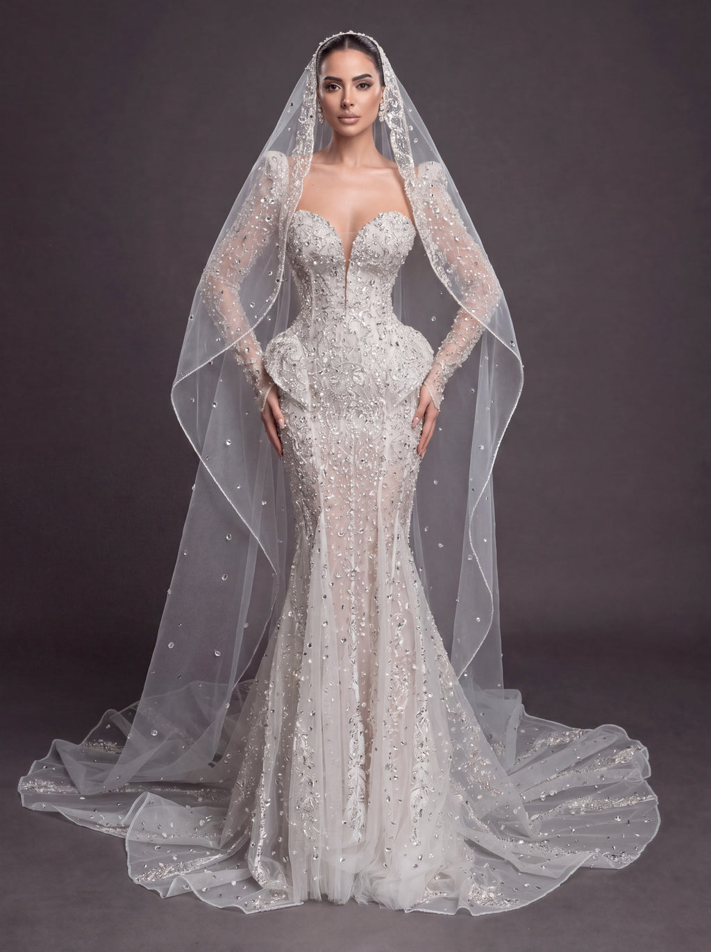 Long Sleeve Corset Bridal Dress with Sculpted Hips & Cathedral Veil – Ivory Crystal Embellished Mermaid Wedding Gown