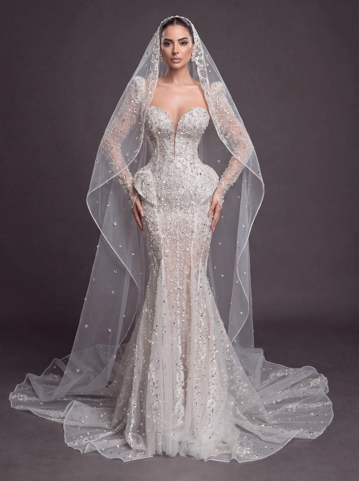 Long Sleeve Corset Bridal Dress with Sculpted Hips & Cathedral Veil – Ivory Crystal Embellished Mermaid Wedding Gown