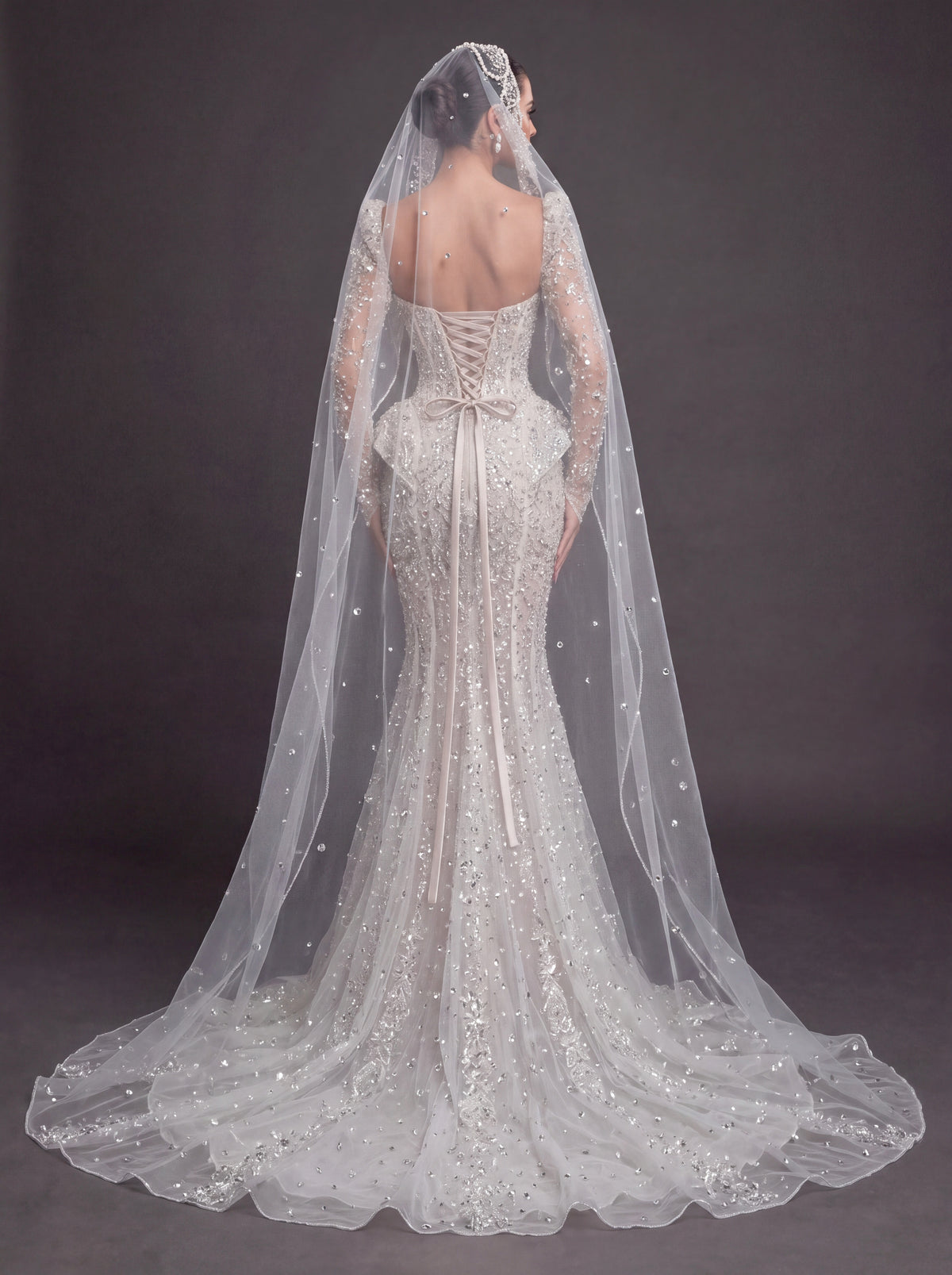 Long Sleeve Corset Bridal Dress with Sculpted Hips & Cathedral Veil – Ivory Crystal Embellished Mermaid Wedding Gown
