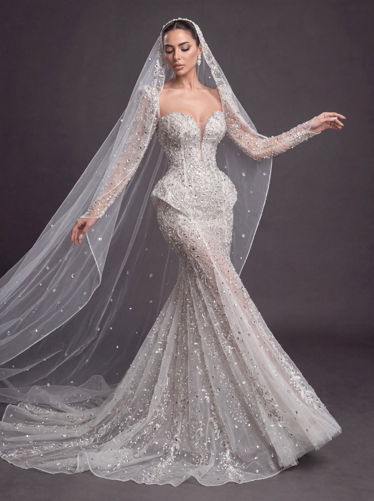Long Sleeve Corset Bridal Dress with Sculpted Hips & Cathedral Veil – Ivory Crystal Embellished Mermaid Wedding Gown