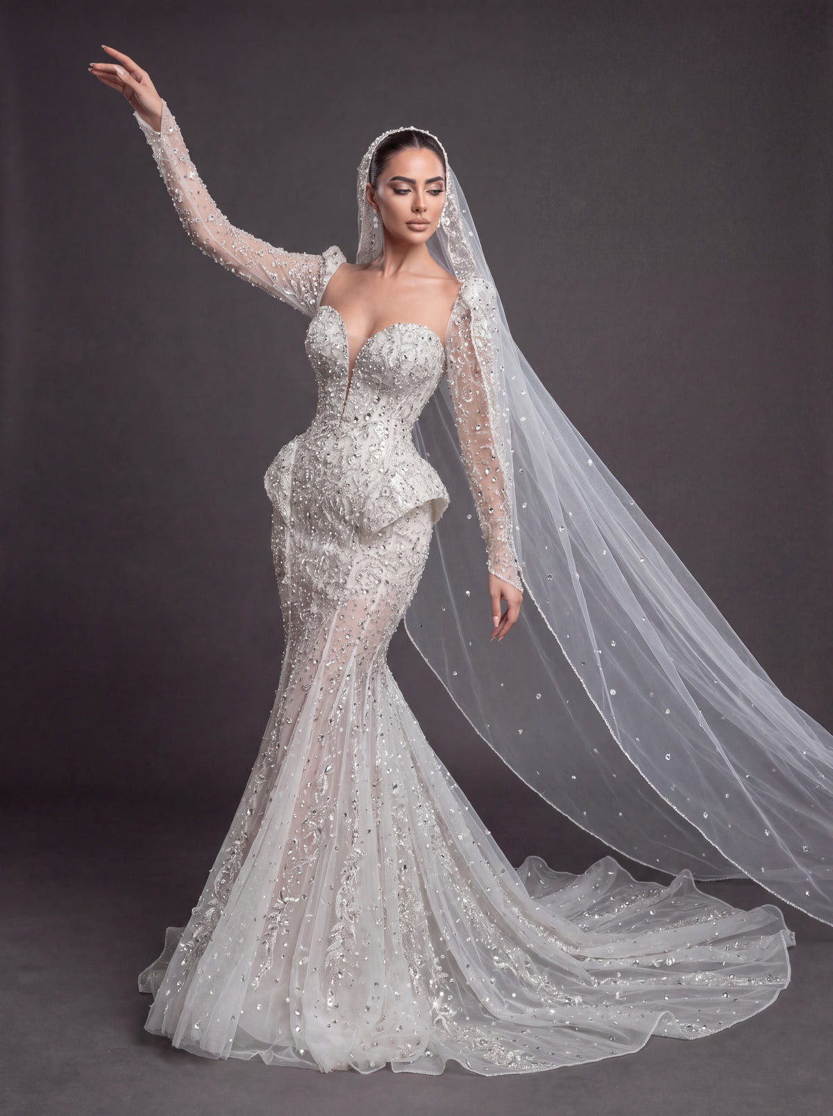 Long Sleeve Corset Bridal Dress with Sculpted Hips & Cathedral Veil – Ivory Crystal Embellished Mermaid Wedding Gown