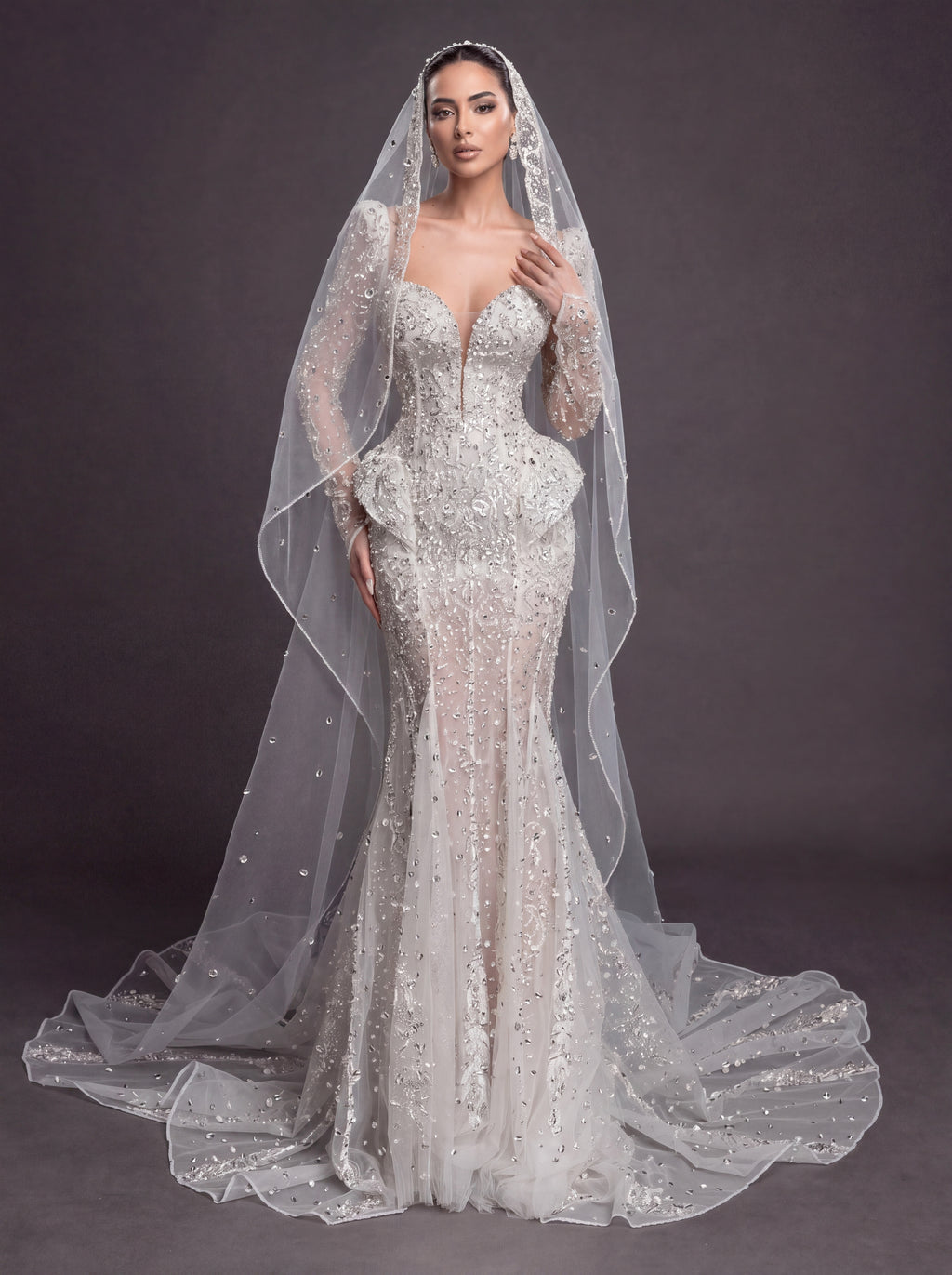 Long Sleeve Corset Bridal Dress with Sculpted Hips & Cathedral Veil – Ivory Crystal Embellished Mermaid Wedding Gown