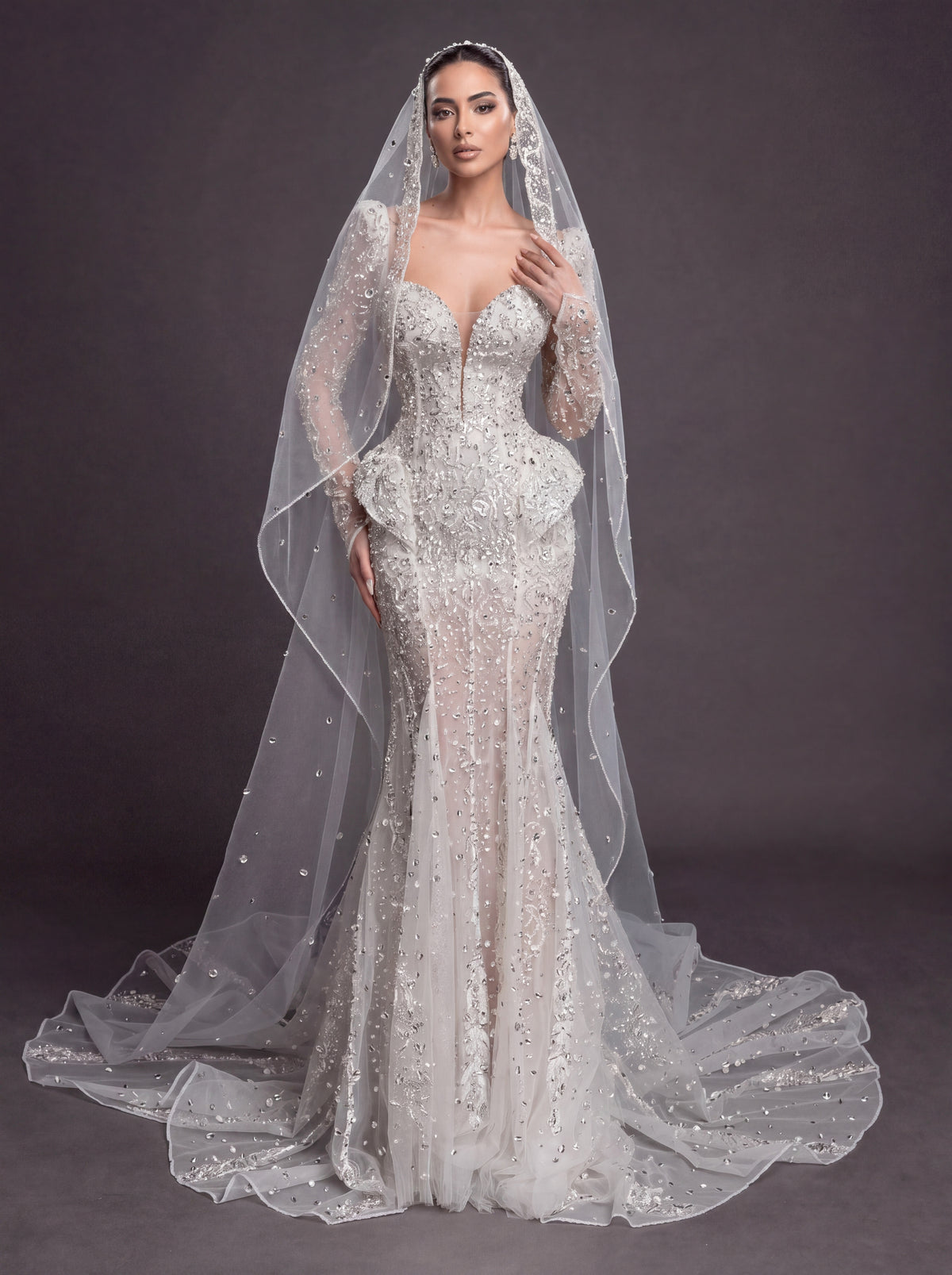 Long Sleeve Corset Bridal Dress with Sculpted Hips & Cathedral Veil – Ivory Crystal Embellished Mermaid Wedding Gown