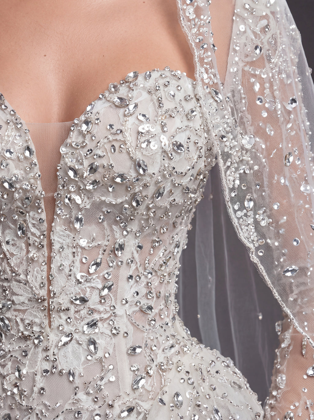 Long Sleeve Corset Bridal Dress with Sculpted Hips & Cathedral Veil – Ivory Crystal Embellished Mermaid Wedding Gown