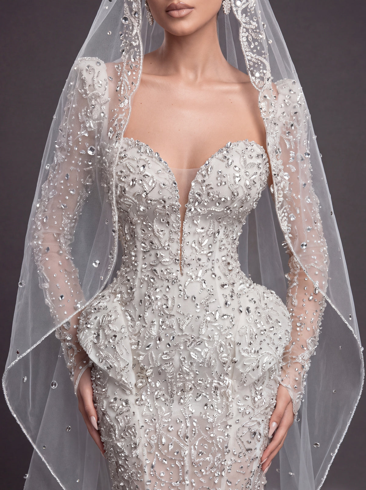 Long Sleeve Corset Bridal Dress with Sculpted Hips & Cathedral Veil – Ivory Crystal Embellished Mermaid Wedding Gown