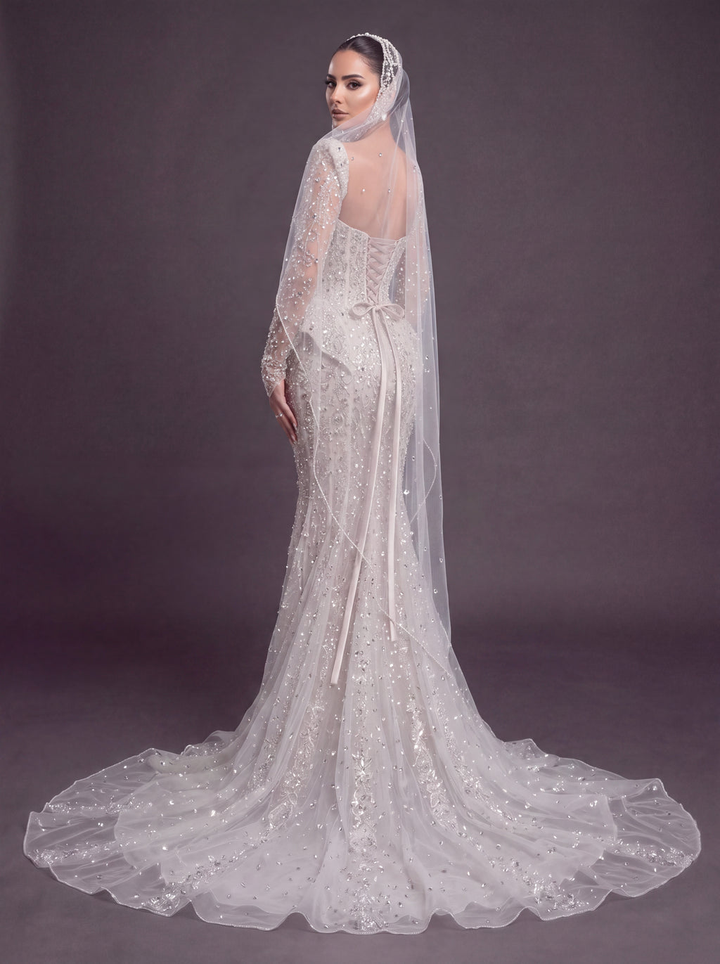 Long Sleeve Corset Bridal Dress with Sculpted Hips & Cathedral Veil – Ivory Crystal Embellished Mermaid Wedding Gown