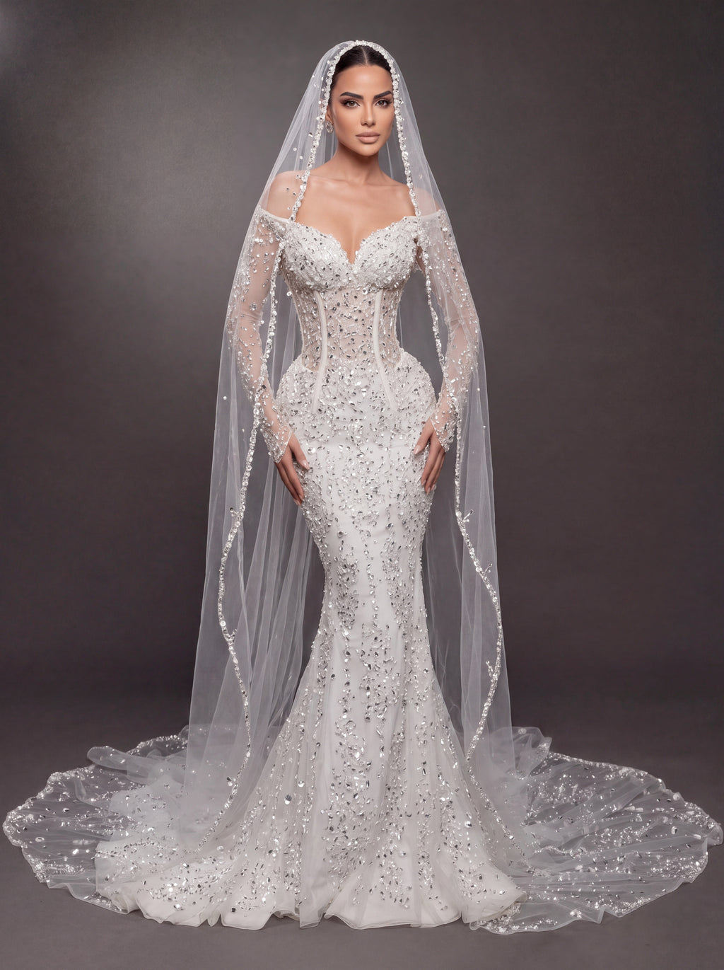 Sheer Corset Bridal Dress with Long Sleeves & Cathedral Veil – Ivory Crystal Embellished Off-Shoulder Mermaid Wedding Gown