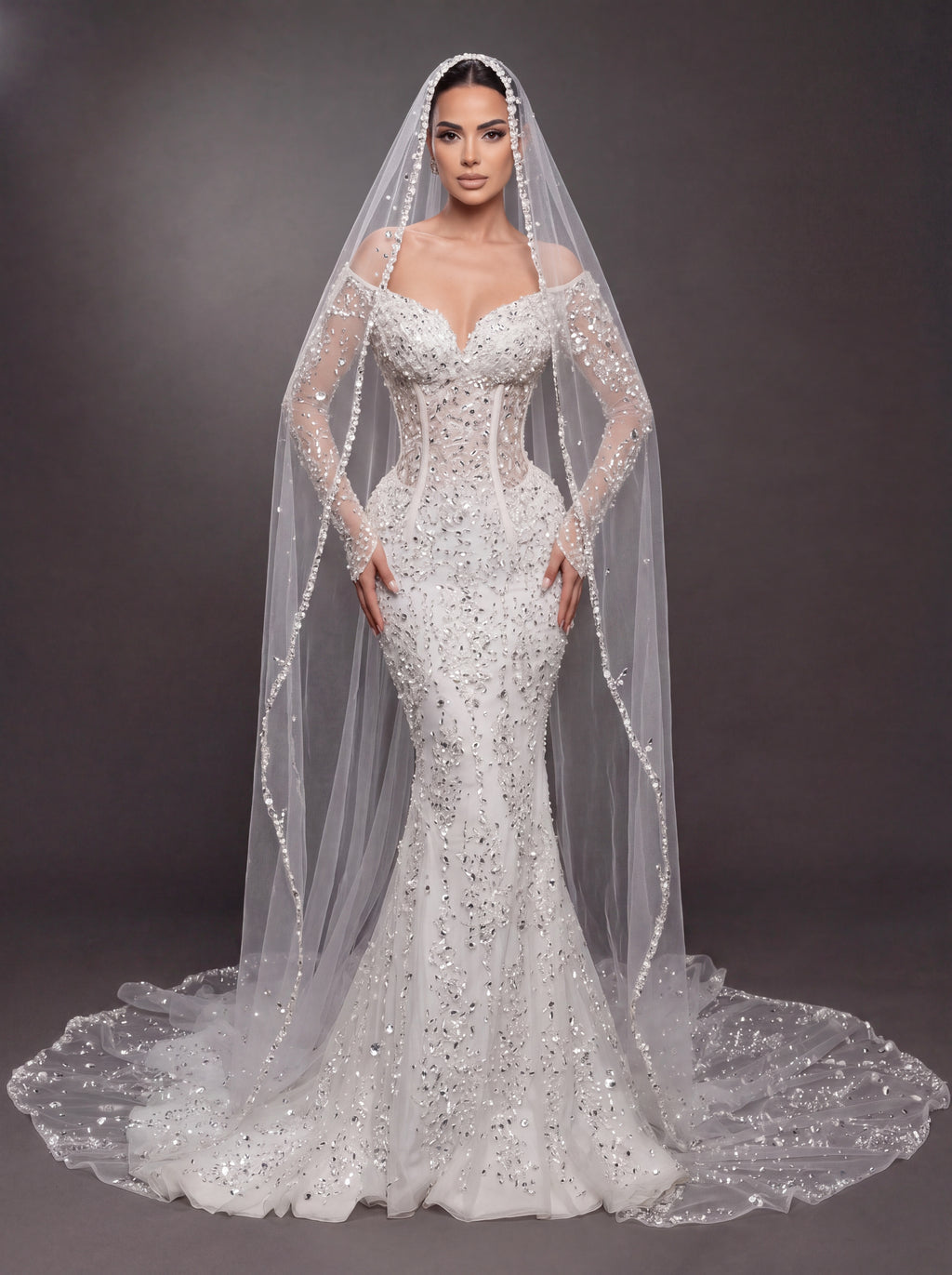 Sheer Corset Bridal Dress with Long Sleeves & Cathedral Veil – Ivory Crystal Embellished Off-Shoulder Mermaid Wedding Gown