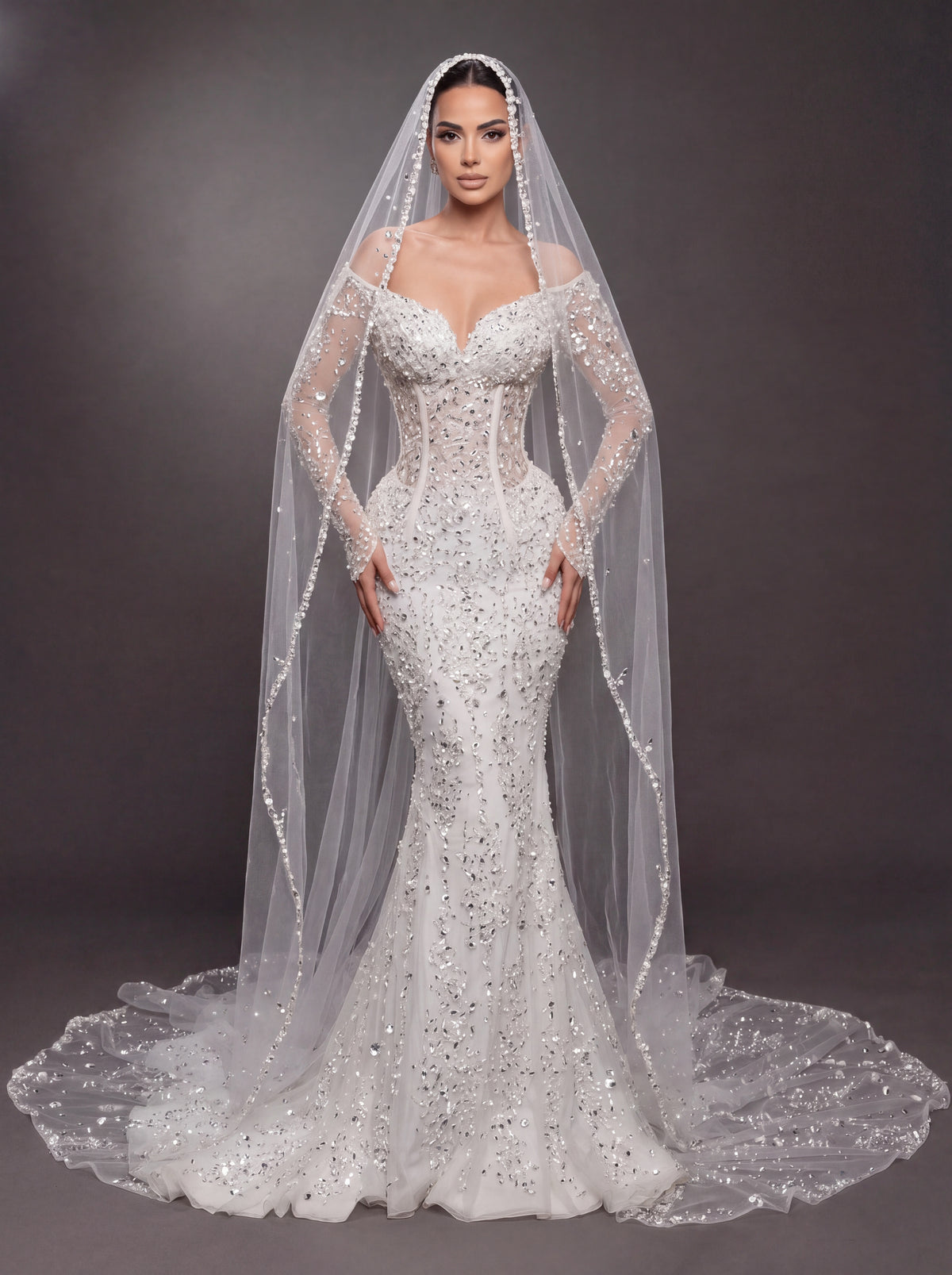 Sheer Corset Bridal Dress with Long Sleeves & Cathedral Veil – Ivory Crystal Embellished Off-Shoulder Mermaid Wedding Gown