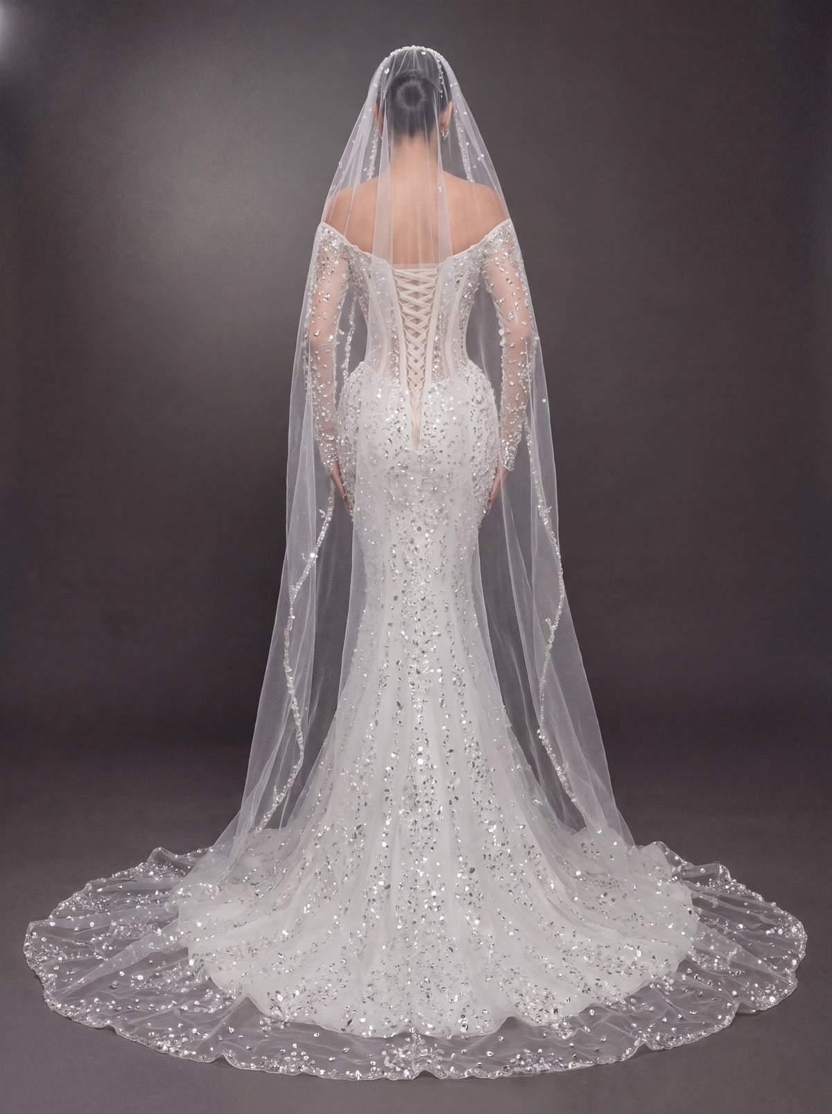 Sheer Corset Bridal Dress with Long Sleeves & Cathedral Veil – Ivory Crystal Embellished Off-Shoulder Mermaid Wedding Gown