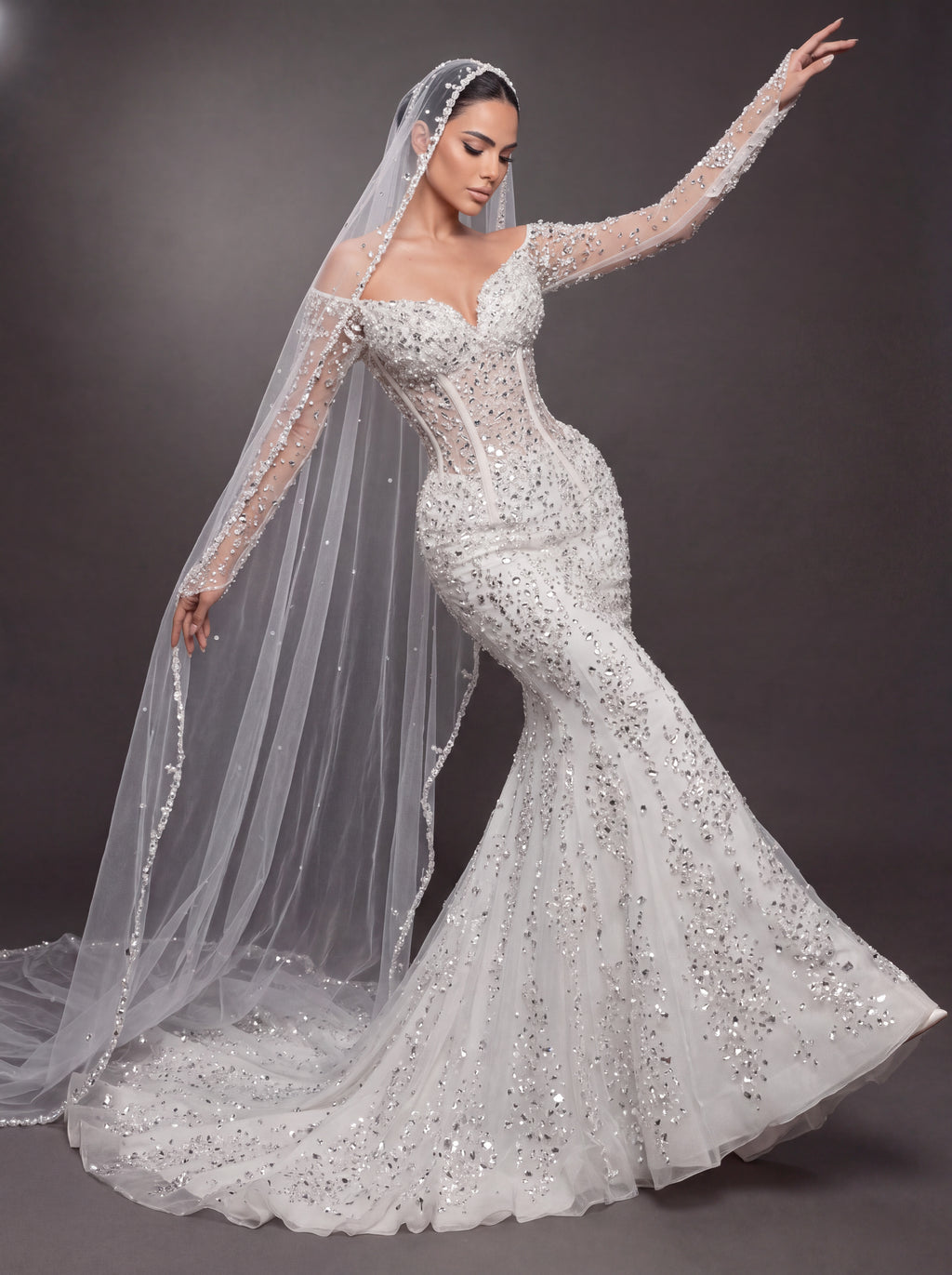 Sheer Corset Bridal Dress with Long Sleeves & Cathedral Veil – Ivory Crystal Embellished Off-Shoulder Mermaid Wedding Gown