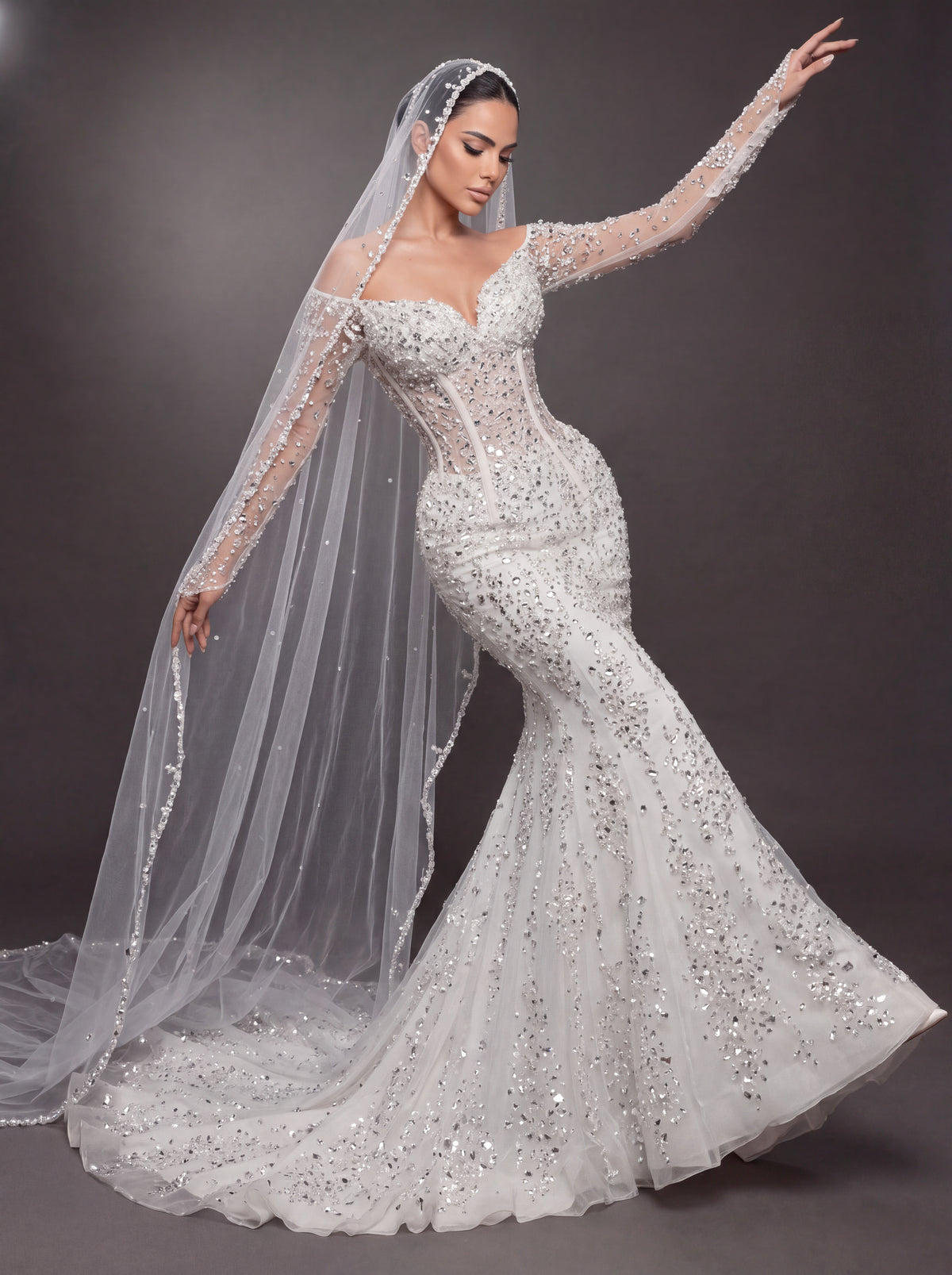 Sheer Corset Bridal Dress with Long Sleeves & Cathedral Veil – Ivory Crystal Embellished Off-Shoulder Mermaid Wedding Gown