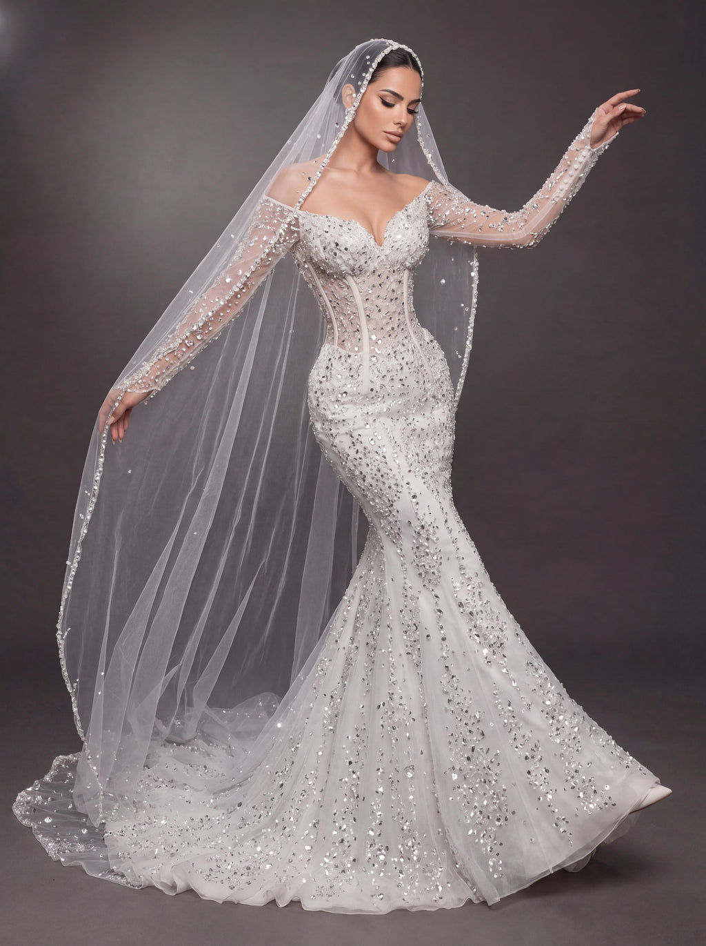 Sheer Corset Bridal Dress with Long Sleeves & Cathedral Veil – Ivory Crystal Embellished Off-Shoulder Mermaid Wedding Gown
