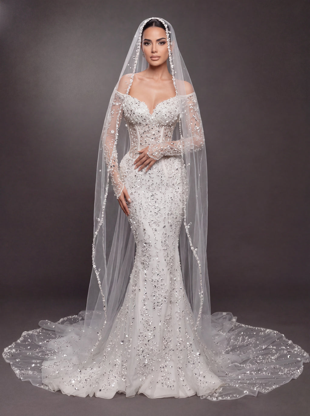 Sheer Corset Bridal Dress with Long Sleeves & Cathedral Veil – Ivory Crystal Embellished Off-Shoulder Mermaid Wedding Gown