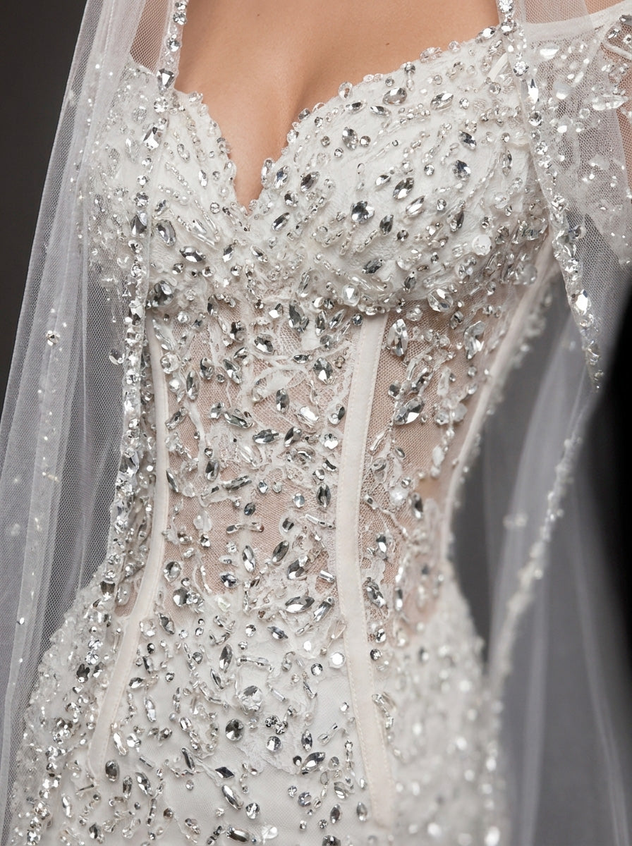 Sheer Corset Bridal Dress with Long Sleeves & Cathedral Veil – Ivory Crystal Embellished Off-Shoulder Mermaid Wedding Gown