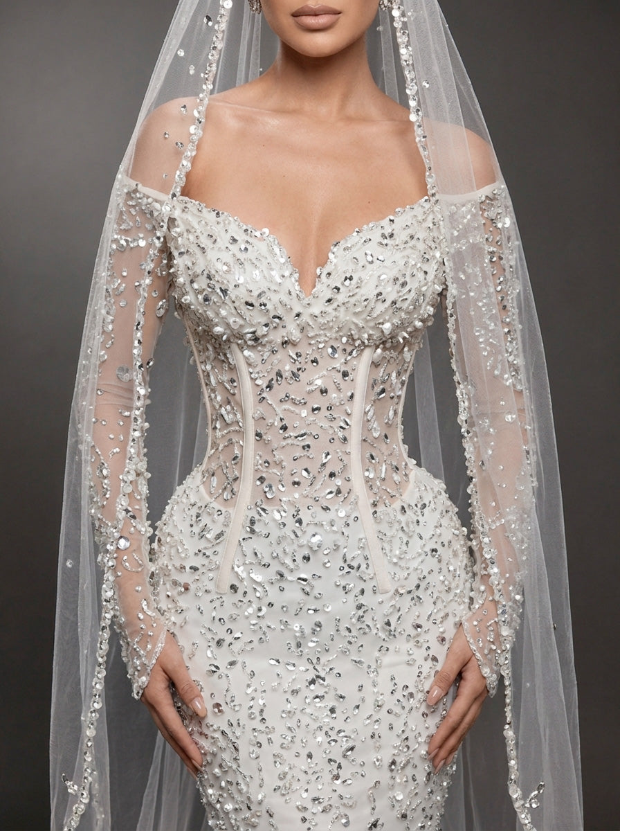 Sheer Corset Bridal Dress with Long Sleeves & Cathedral Veil – Ivory Crystal Embellished Off-Shoulder Mermaid Wedding Gown