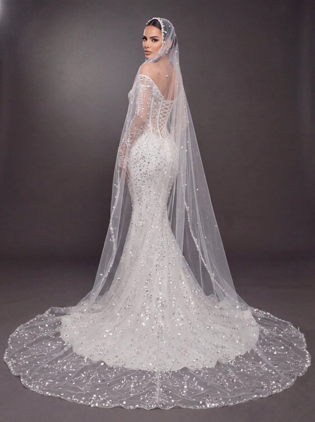 Sheer Corset Bridal Dress with Long Sleeves & Cathedral Veil – Ivory Crystal Embellished Off-Shoulder Mermaid Wedding Gown