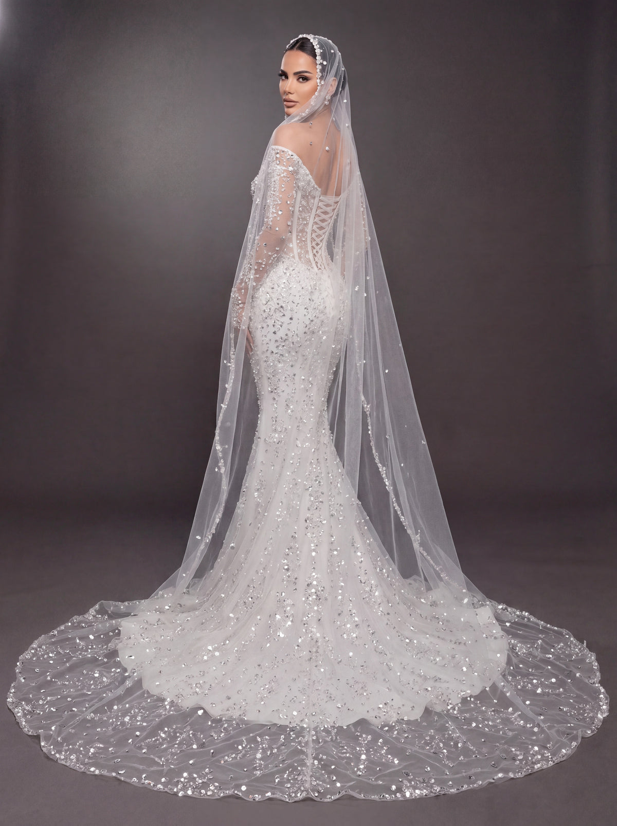 Sheer Corset Bridal Dress with Long Sleeves & Cathedral Veil – Ivory Crystal Embellished Off-Shoulder Mermaid Wedding Gown