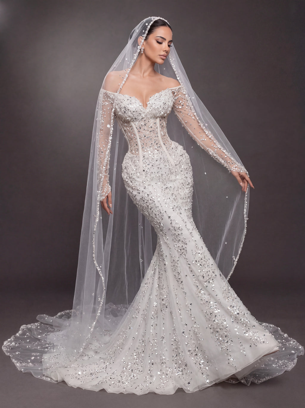 Sheer Corset Bridal Dress with Long Sleeves & Cathedral Veil – Ivory Crystal Embellished Off-Shoulder Mermaid Wedding Gown
