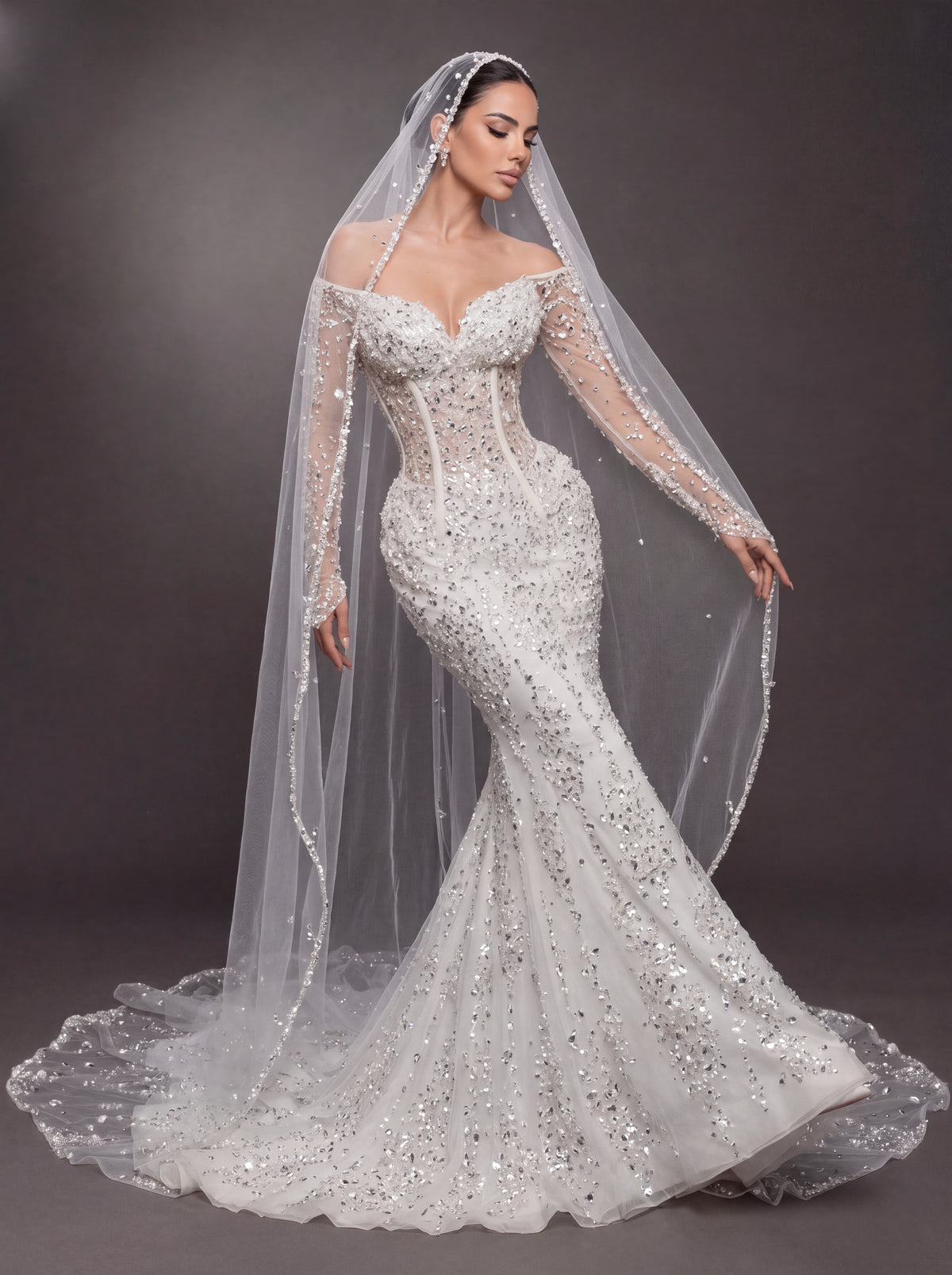 Sheer Corset Bridal Dress with Long Sleeves & Cathedral Veil – Ivory Crystal Embellished Off-Shoulder Mermaid Wedding Gown