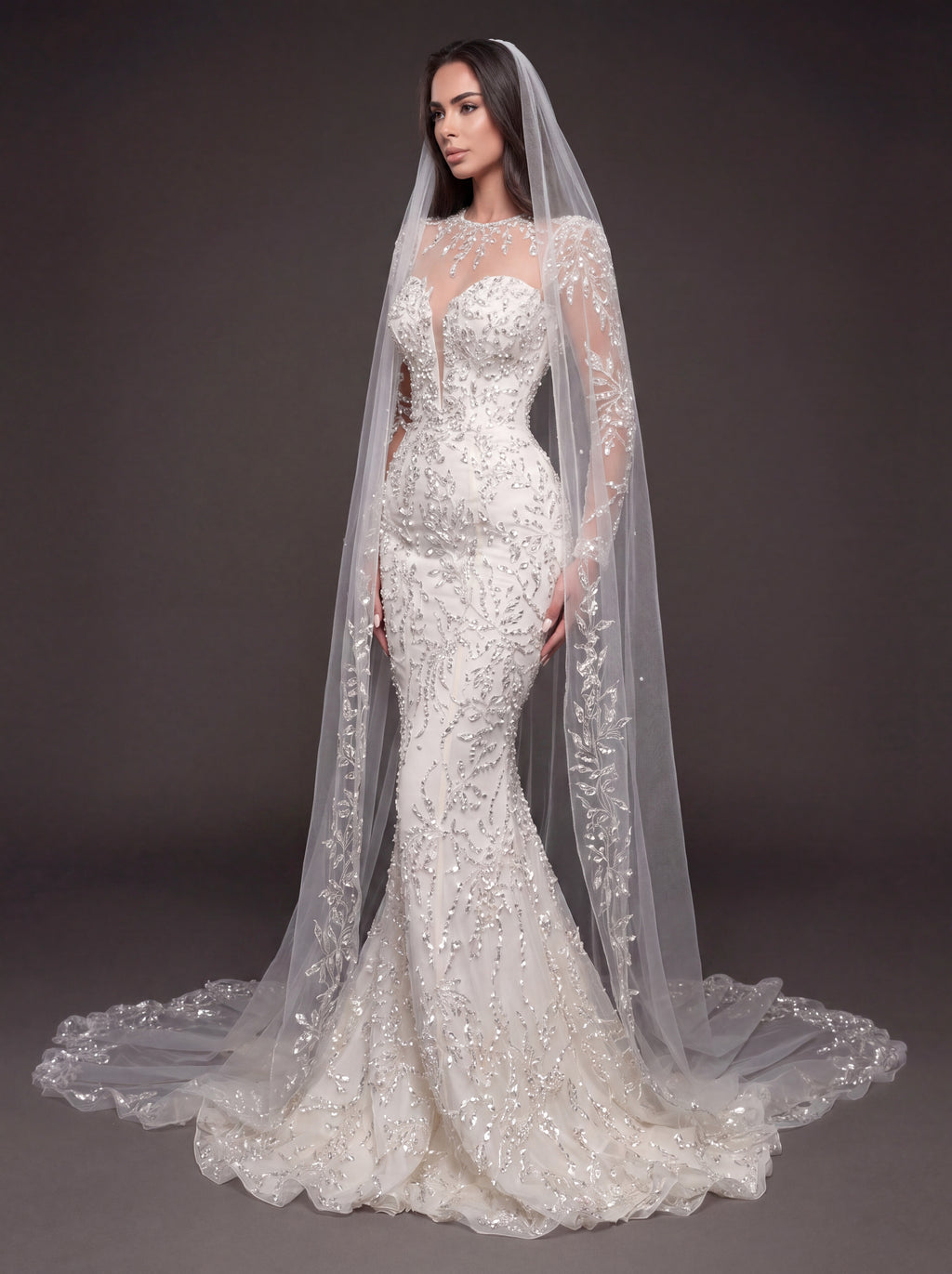 Illusion Long Sleeve Bridal Dress with Sweetheart Corset & Cathedral Veil – Ivory Crystal Embellished Mermaid Wedding Gown