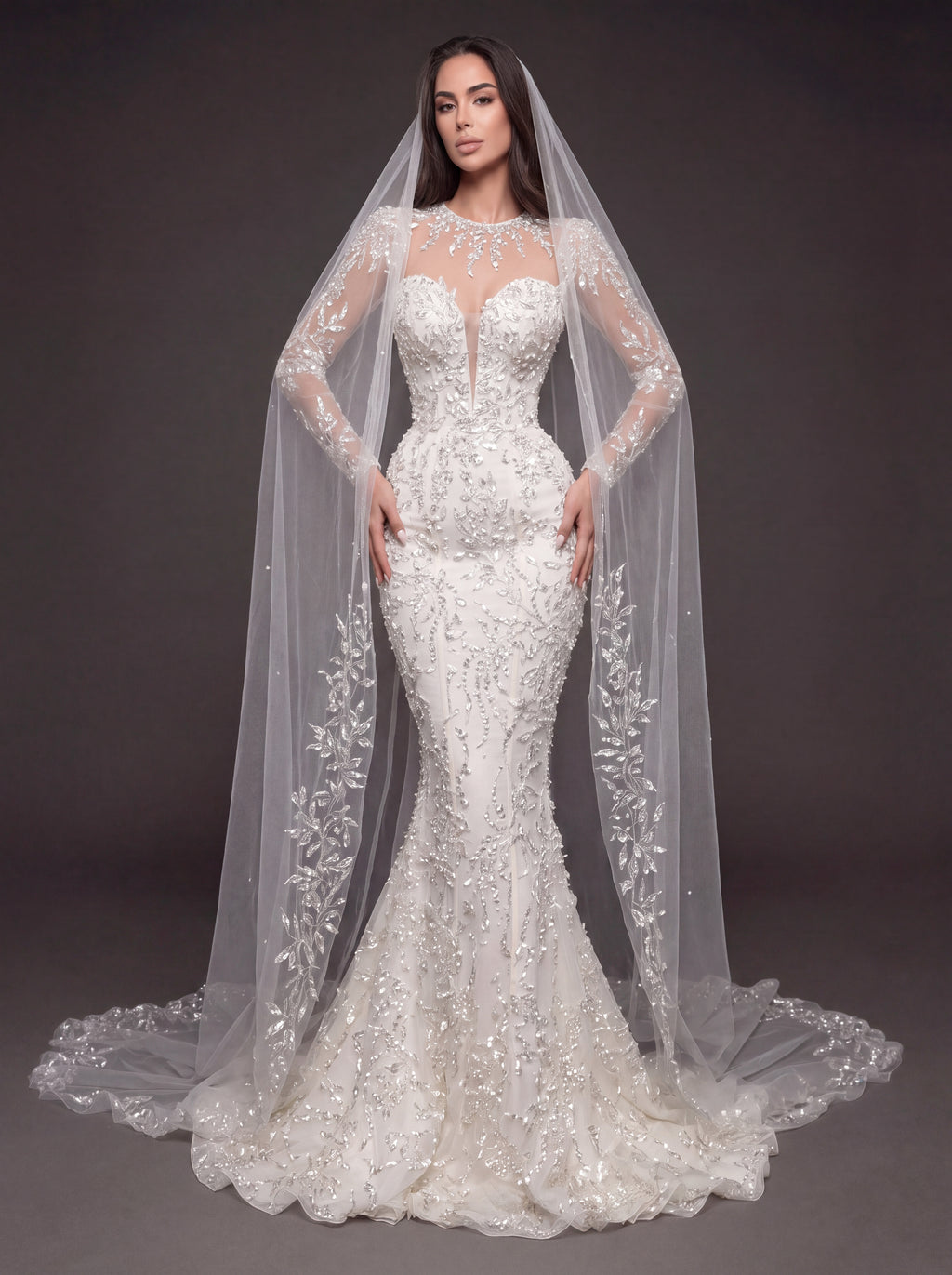 Illusion Long Sleeve Bridal Dress with Sweetheart Corset & Cathedral Veil – Ivory Crystal Embellished Mermaid Wedding Gown