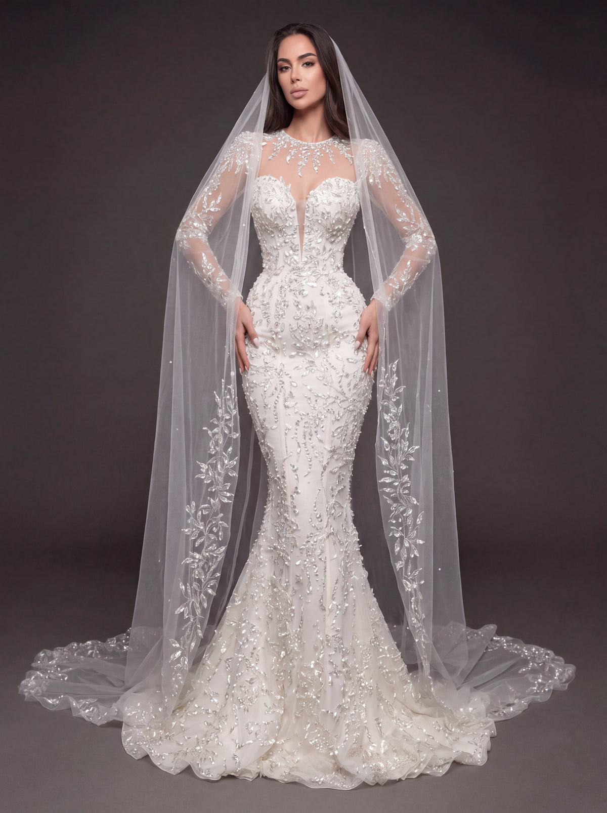 Illusion Long Sleeve Bridal Dress with Sweetheart Corset & Cathedral Veil – Ivory Crystal Embellished Mermaid Wedding Gown