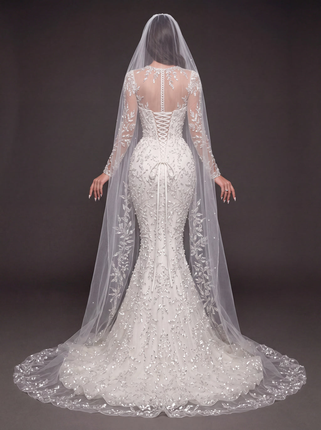 Illusion Long Sleeve Bridal Dress with Sweetheart Corset & Cathedral Veil – Ivory Crystal Embellished Mermaid Wedding Gown